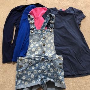 Girls size M overall shorts with assorted tees